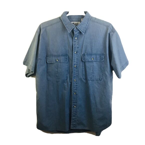 Trail Designs Travel Shirt Men's XL Blue Short Sleeves Outdoors Denim Cotton - Picture 2 of 9